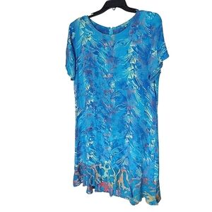 Bali Batiks Hand Painted Blue Multicolor Resort Wear Short Sleeve Dress - Medium
